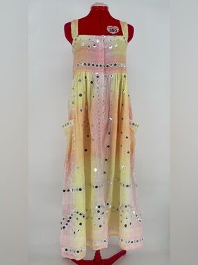 Juliet Dunn London Tie Dye Nomad Print Pink Yellow Mirrored Sequin Maxi Dress